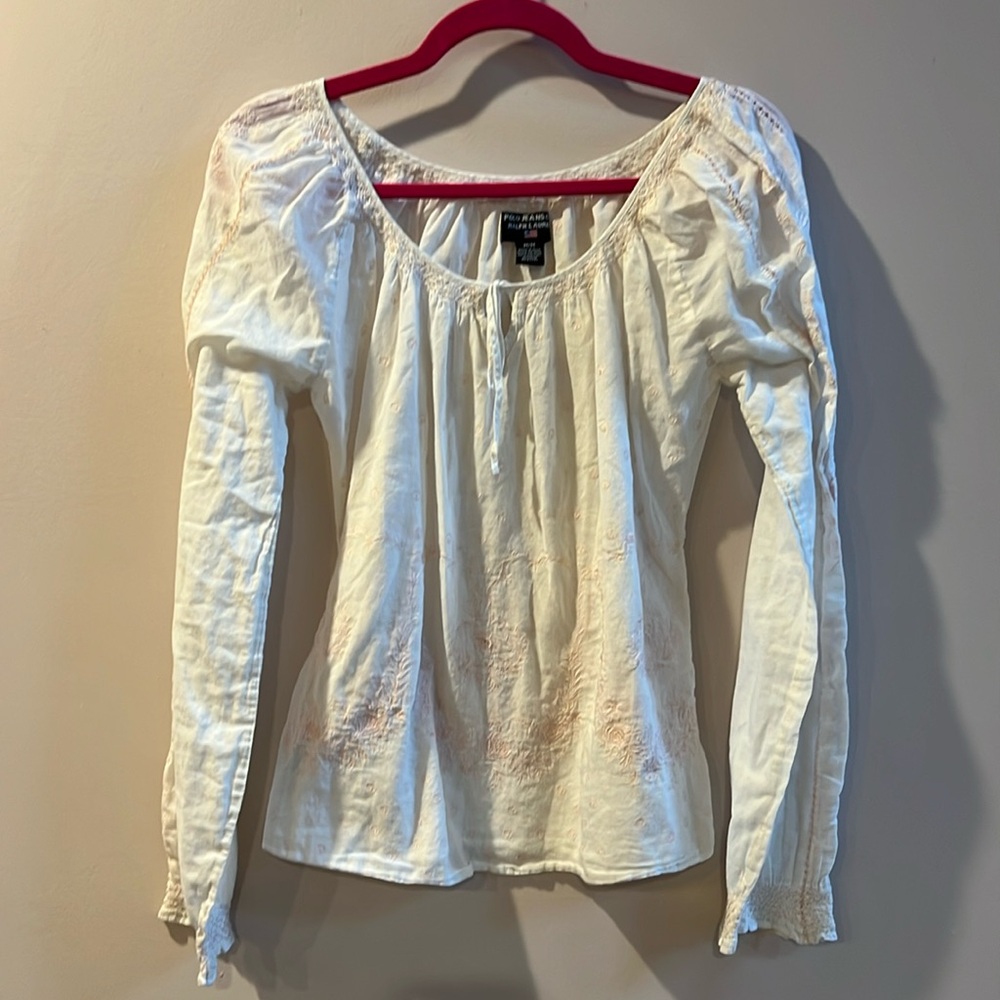 Women’s Polo Jeans Ralph Lauren Long-Sleeve 💯 Cotton White w/Pink Embroidery M